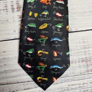 Addiction Polyester Men's Black Neck Tie Fishing Lures Fishermen Tackle Dad Gift
